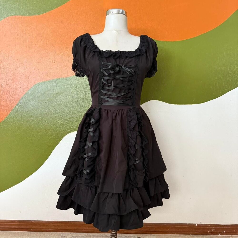 Gothic Lolita Dress Black Lace Up Corset Ruffle Babydoll Grunge Punk Sz XS